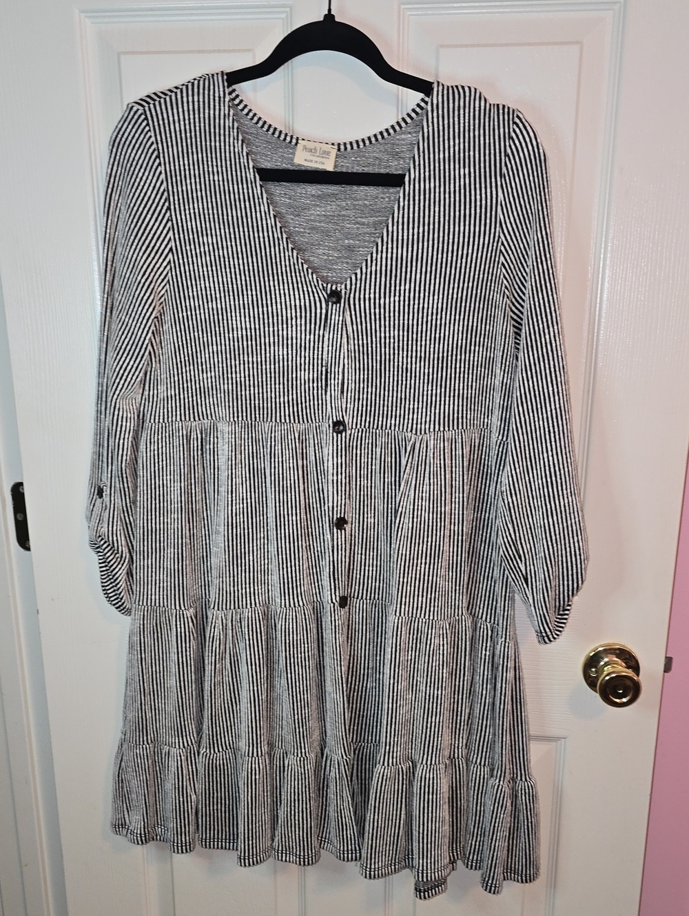 Peach Love California Black & White Striped Button-Front Tiered Midi Dress